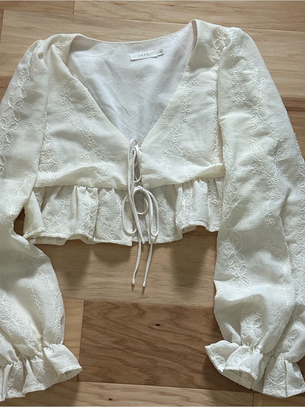 Lush Cream Lace Tie-Front Cropped Peplum Blouse